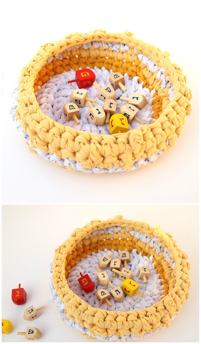 Crocheted T-shirt Yarn Basket For Holiday Giving