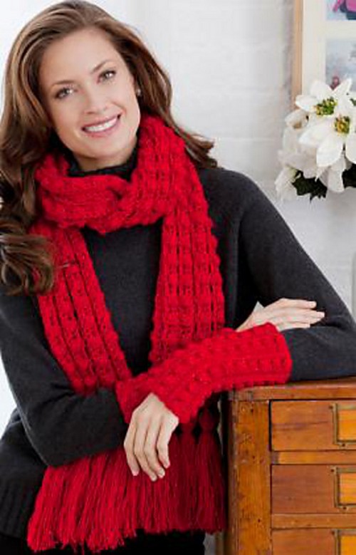 Crochet Lacy Bobble Scarf And Wristlets